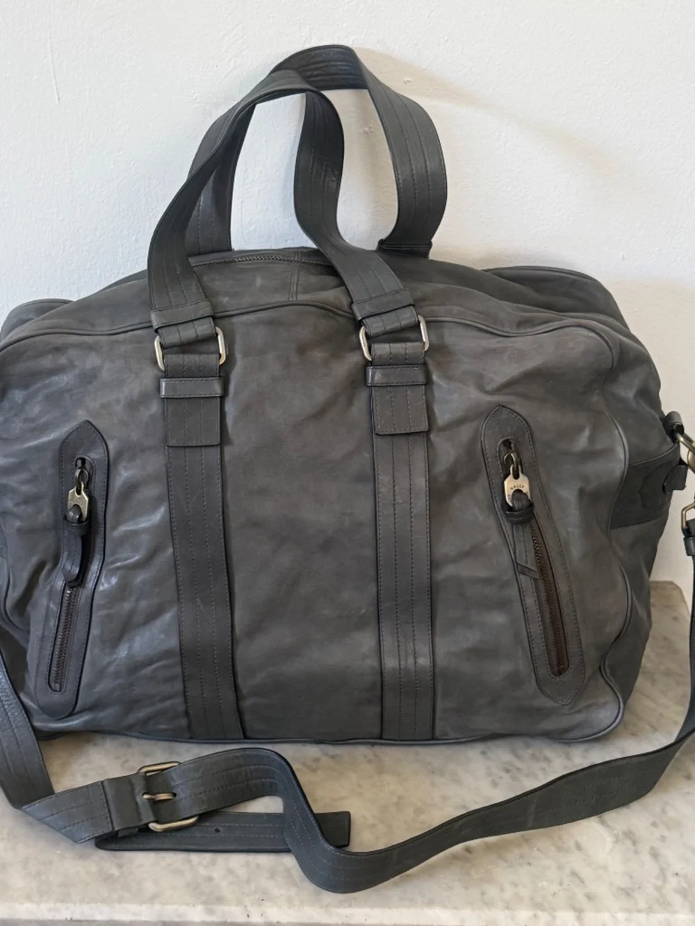 Bally Large Leather Weekender Duffle Bag Slate Blue Travel Carry-On